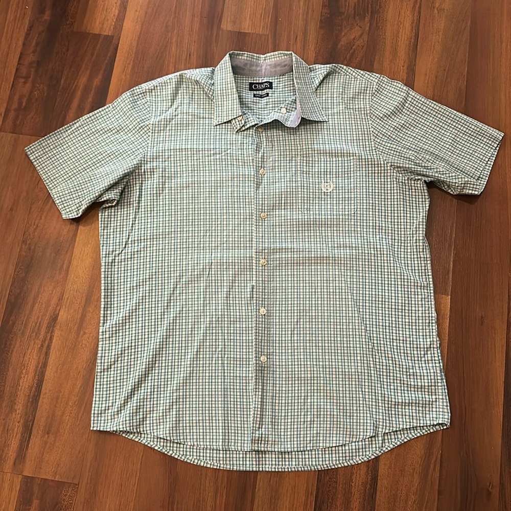 Chaps Green Blue White Plaid Button Down Short Sleeve Dress Casual Shirt Size XL